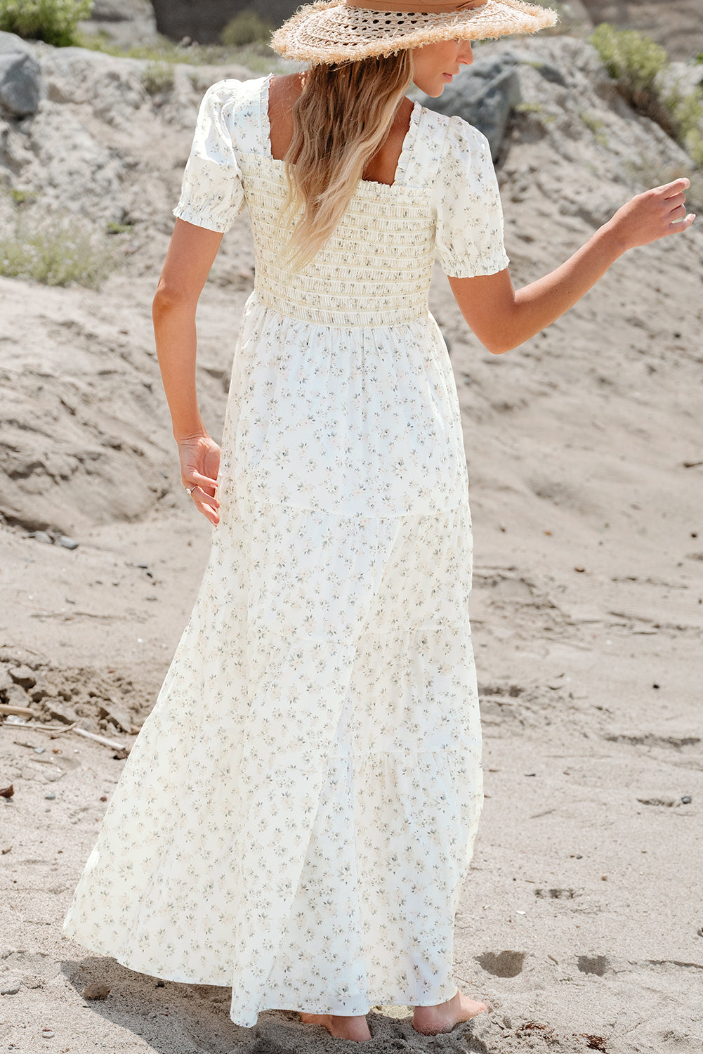 Robin Frilly Shirred Bodice Tiered Floral Maxi Dress by Threaded Pear