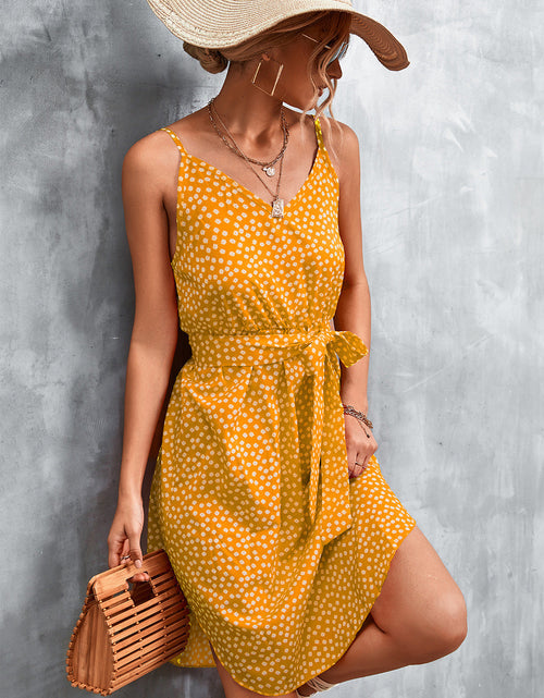 Load image into Gallery viewer, Printed V-Neck Tie Waist Mini Dress
