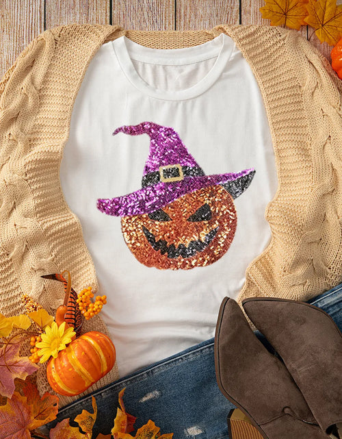 Load image into Gallery viewer, Sequin Pumpkin Round Neck Short Sleeve T-Shirt
