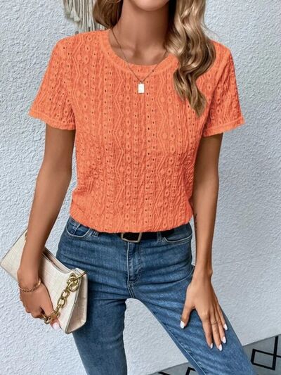 Load image into Gallery viewer, Eyelet Round Neck Short Sleeve T-Shirt
