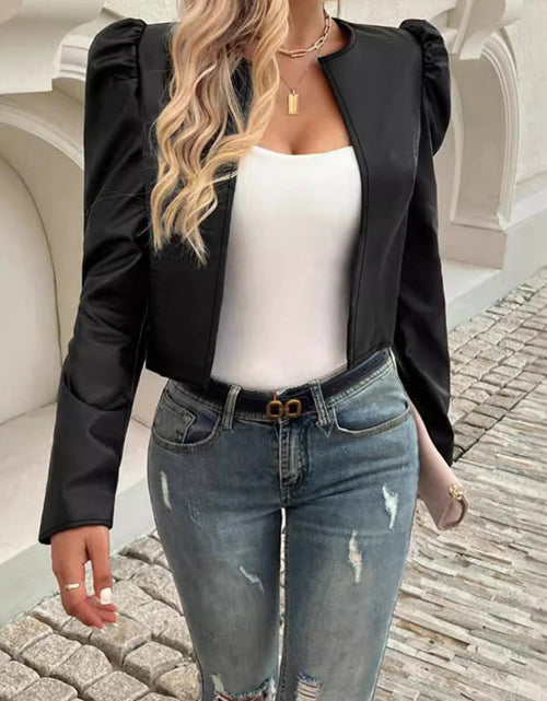 Load image into Gallery viewer, PU Leather Open Front Puff Sleeve Jacket
