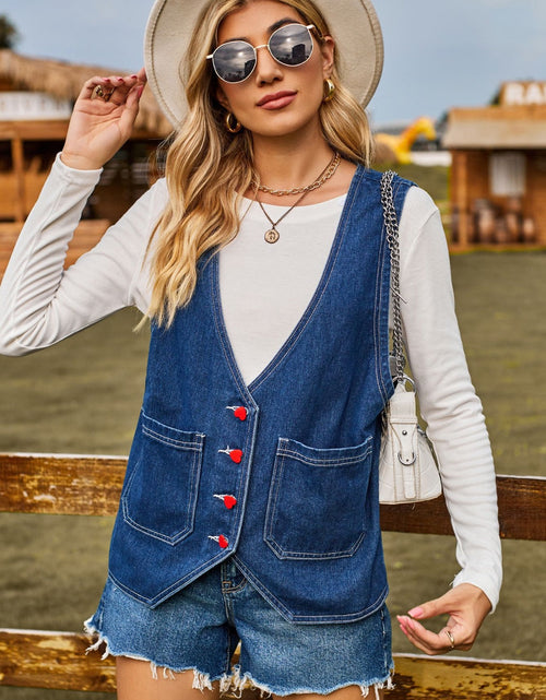 Load image into Gallery viewer, Pocketed Button Up Sleeveless Denim Jacket
