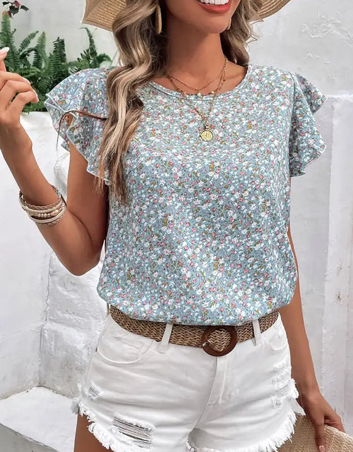 Load image into Gallery viewer, Ditsy Floral Round Neck Cap Sleeve Top
