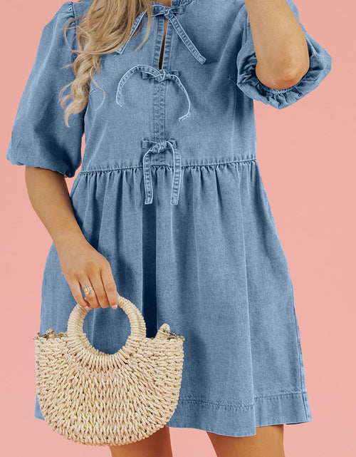 Load image into Gallery viewer, Bowknot Round Neck Half Sleeve Denim Dress
