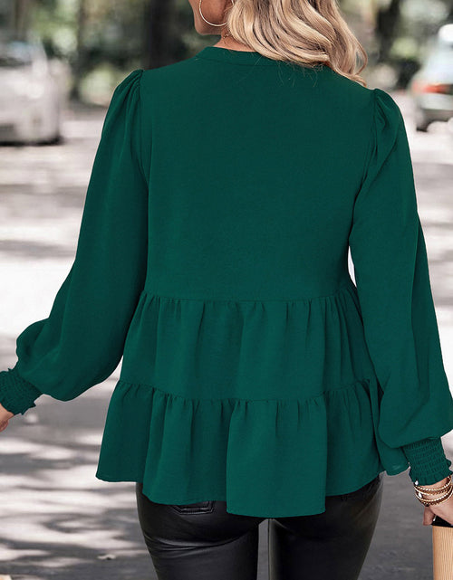 Load image into Gallery viewer, Perfee Notched Neck Lantern Sleeve Blouse

