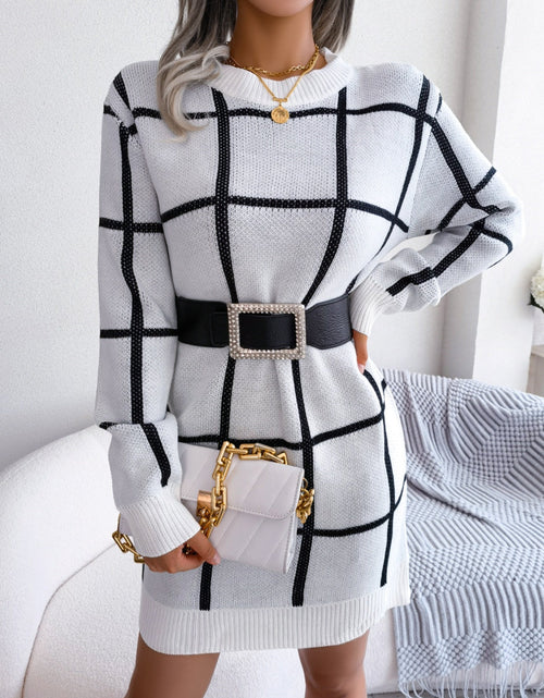 Load image into Gallery viewer, Plaid Round Neck Dropped Shoulder Sweater Dress
