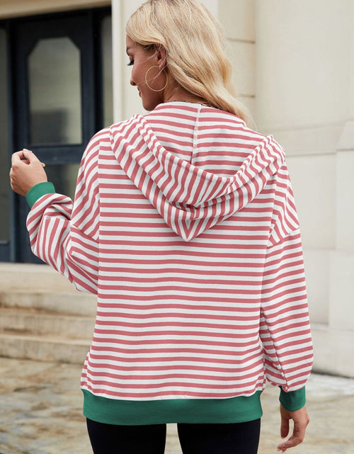 Load image into Gallery viewer, Drawstring Striped Zip Up Long Sleeve Hoodie
