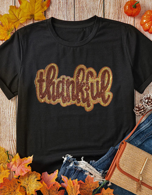 Load image into Gallery viewer, THANKFUL Sequin Round Neck Short Sleeve T-Shirt
