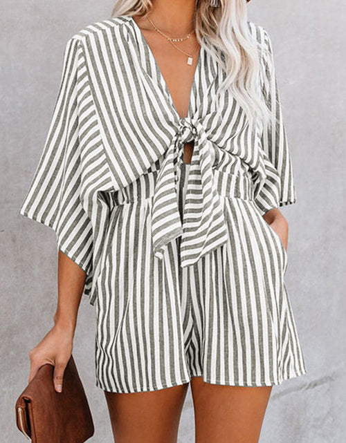 Load image into Gallery viewer, Bow Striped Kimono Sleeve Romper
