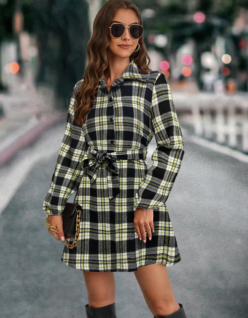 Load image into Gallery viewer, Plaid Tie Front Collared Neck Long Sleeve Dress
