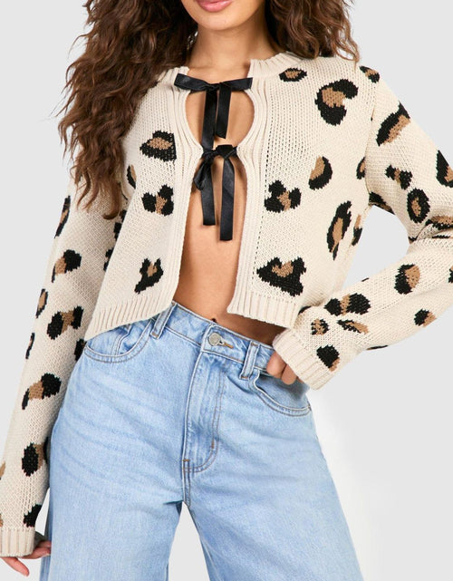 Load image into Gallery viewer, Tied Leopard Round Neck Cardigan

