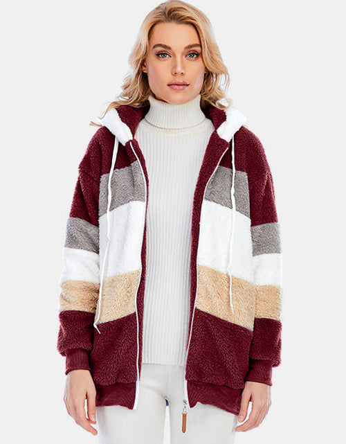 Load image into Gallery viewer, Full Size Drawstring Color Block Zip Up Hooded Outerwear

