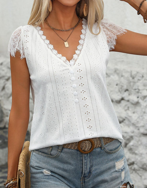 Load image into Gallery viewer, Perfee Eyelet Lace Detail V-Neck Cap Sleeve Top
