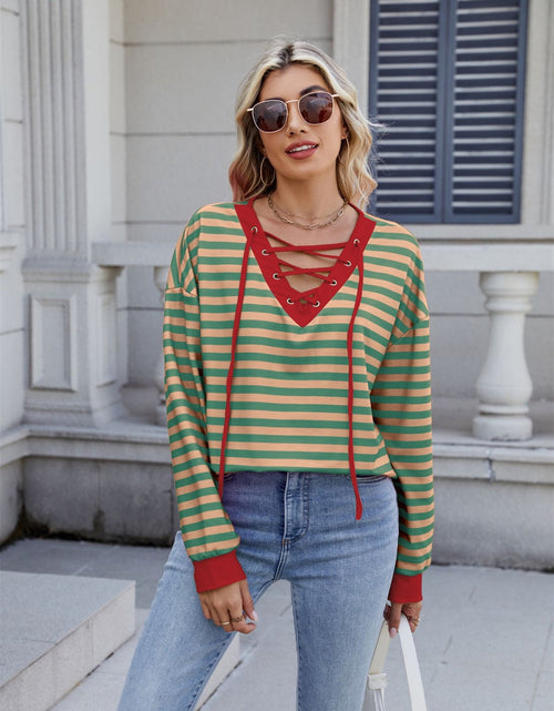 Load image into Gallery viewer, Lace-Up Striped Long Sleeve T-Shirt
