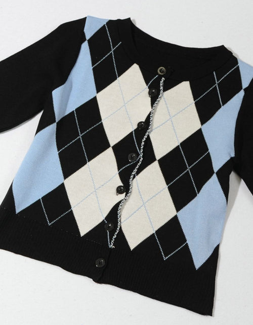 Load image into Gallery viewer, Argyle Round Neck Ribbed Trim Cardigan
