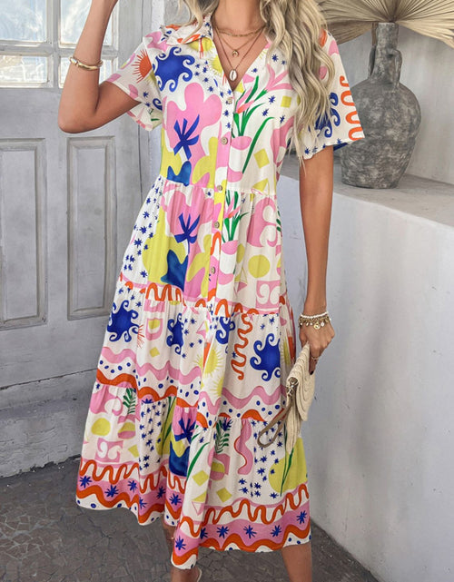 Load image into Gallery viewer, Devine Printed Johnny Collar Button Down Short Sleeve Midi Shirt Dress
