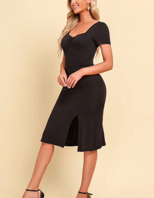 Load image into Gallery viewer, Ruched Sweetheart Neck Short Sleeve Slit Dress

