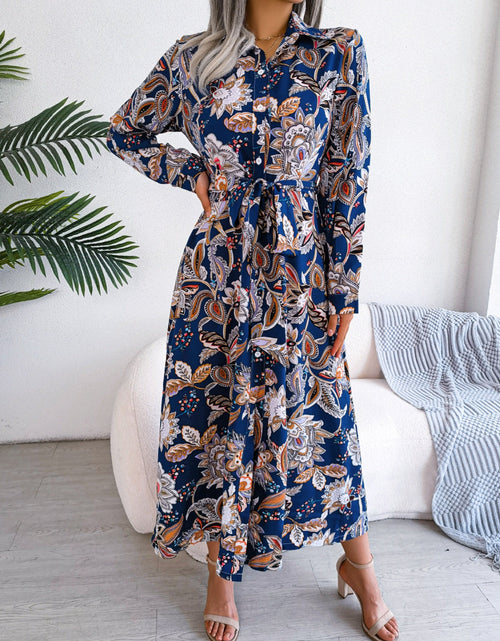 Load image into Gallery viewer, Tied Printed Long Sleeve Midi Dress
