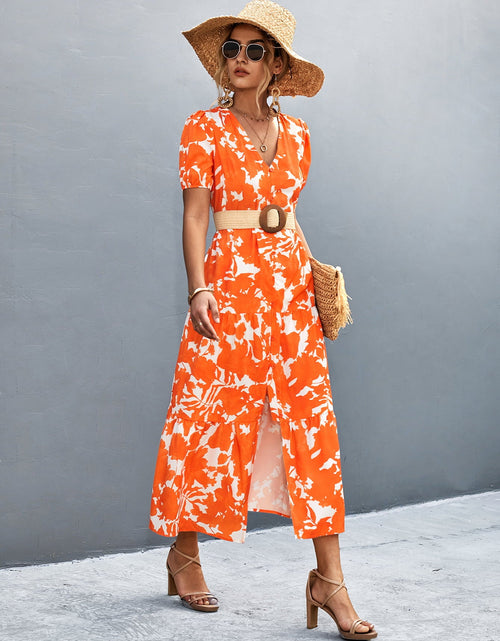 Load image into Gallery viewer, V-Neck Short Sleeve High Slit Midi Dress
