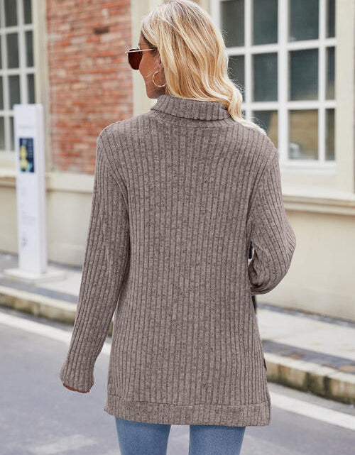 Load image into Gallery viewer, Ribbed Turtleneck Long Sleeve Slit Knit Top
