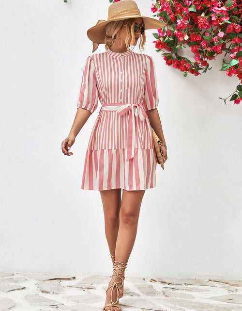Load image into Gallery viewer, Striped Half Sleeve Tie Waist Mini Dress
