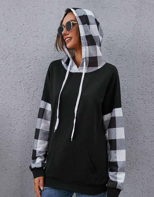 Load image into Gallery viewer, Plaid Drawstring Dropped Shoulder Hoodie
