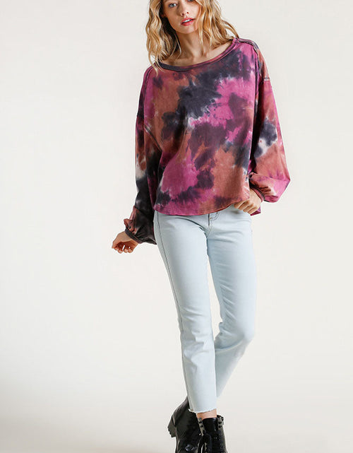 Load image into Gallery viewer, Umgee Full Size Tie Dye Round Neck Long Balloon Sleeve Top Plus Size
