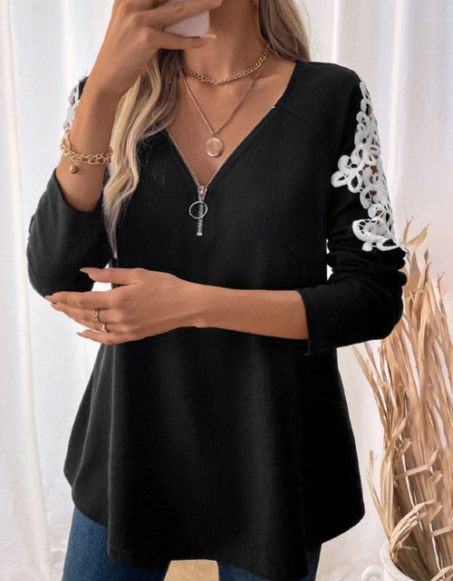 Load image into Gallery viewer, Perfee Lace Detail Quarter Zip Long Sleeve Top
