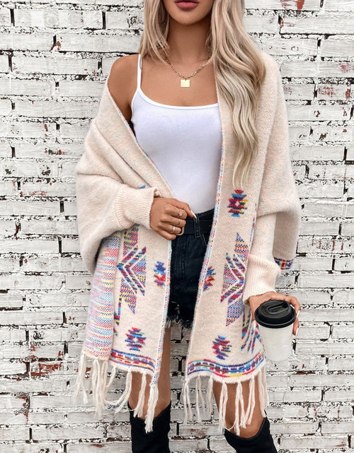 Load image into Gallery viewer, Fringe Geometric Open Front Long Sleeve Cape
