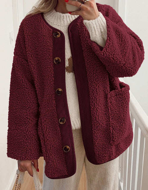 Load image into Gallery viewer, Contrast Button Up Sherpa Jacket with Pockets
