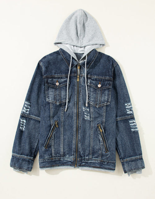 Load image into Gallery viewer, Fake Two-Piece Hooded Zip-Up Denim Jacket
