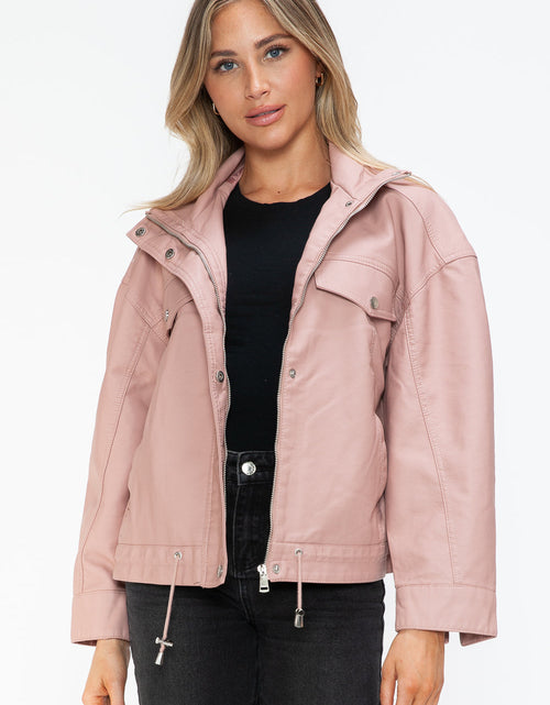 Load image into Gallery viewer, How Dare U Drawstring Hem PU Leather Zip Up Jacket
