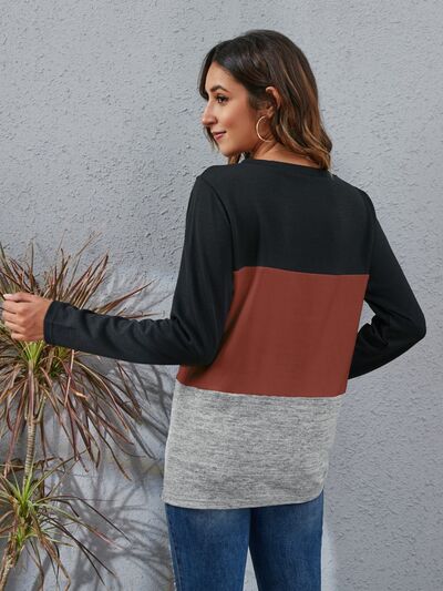 Load image into Gallery viewer, Color Block Round Neck Long Sleeve T-Shirt
