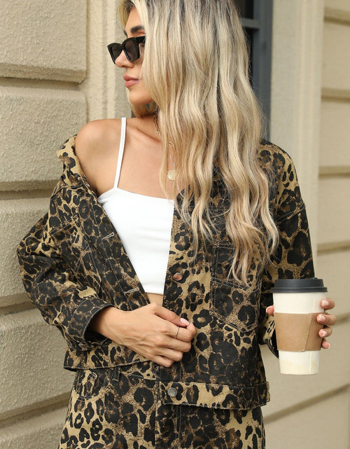 Load image into Gallery viewer, Pocketed Leopard Long Sleeve Denim Jacket
