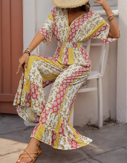Load image into Gallery viewer, Perfee Ruffled Hem Printed V-Neck Jumpsuit
