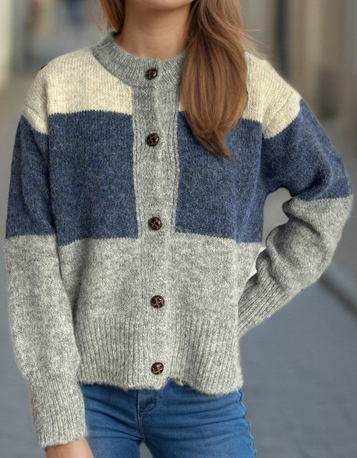 Load image into Gallery viewer, Color Block Round Neck Button Up Cardigan
