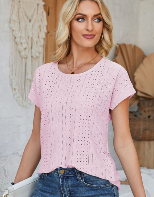 Load image into Gallery viewer, Eyelet Round Neck Rolled Short Sleeve T-Shirt
