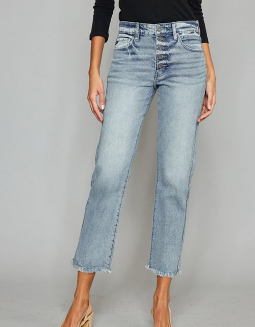 Load image into Gallery viewer, Kancan High Waist Button Fly Raw Hem Cropped Straight Jeans
