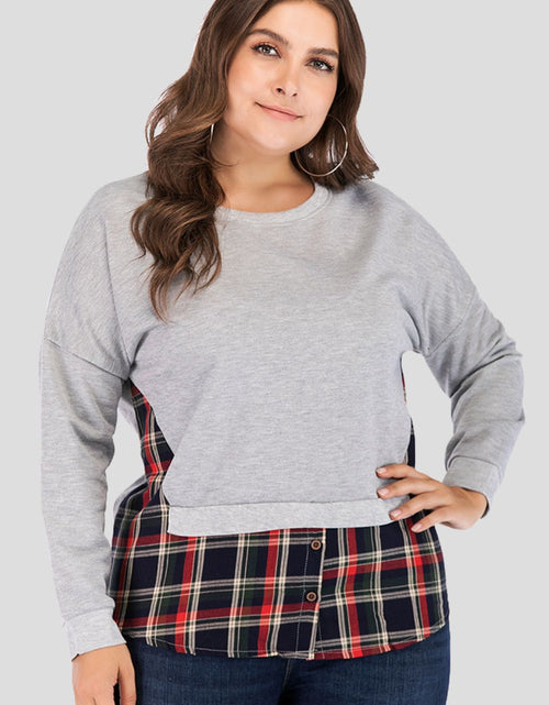 Load image into Gallery viewer, Full Size Plaid Patch Drop Shoulder Round Neck Top
