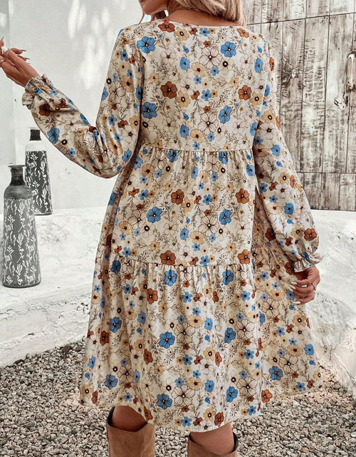Load image into Gallery viewer, Tiered Floral Round Neck Long Sleeve Dress
