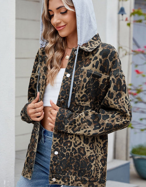 Load image into Gallery viewer, Pocketed Leopard Long Sleeve Denim Jacket
