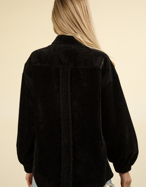 Load image into Gallery viewer, VERY J Mixed Media Button Down Raw Hem Shacket
