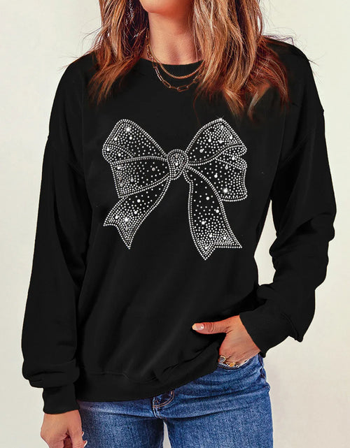 Load image into Gallery viewer, Rhinestone Bow Round Neck Long Sleeve Sweatshirt
