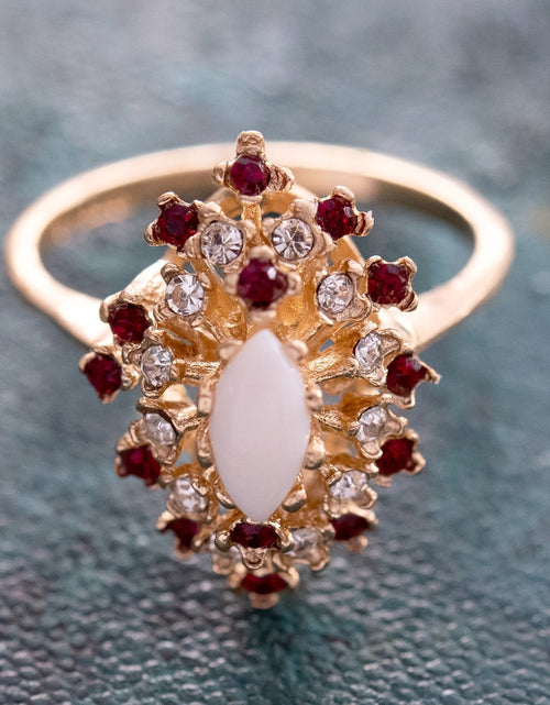 Load image into Gallery viewer, Vintage Ring Genuine Opal with Clear and Ruby Austrian Crystals 18kt Yellow Gold Electroplated by PVD Vintage Jewelry
