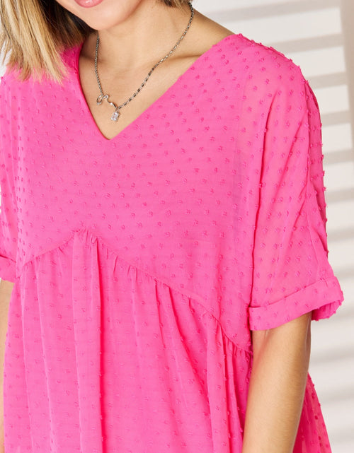 Load image into Gallery viewer, Zenana Swiss Dot Rolled Short Sleeve Babydoll Dress
