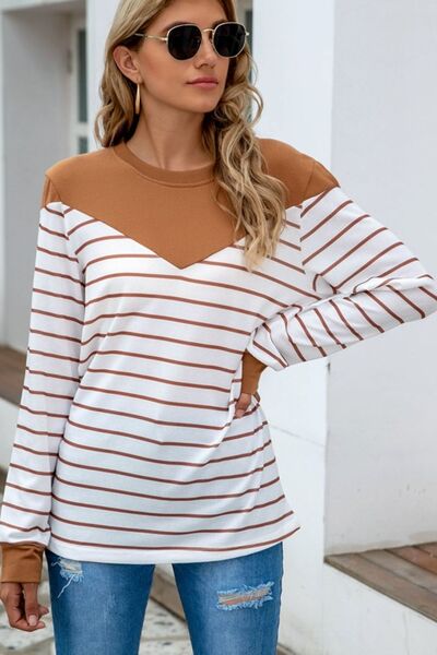 Load image into Gallery viewer, Striped Round Neck Long Sleeve T-Shirt
