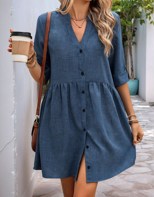 Load image into Gallery viewer, Perfee Button Down Notched Half Sleeve Mini Shirt Dress
