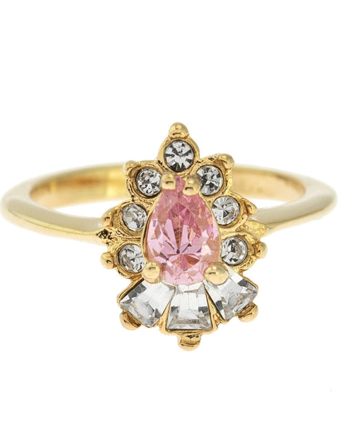 Load image into Gallery viewer, Vintage 1990's Ring Ruby and Clear Austrian Crystals 18k Yellow Gold Plated by PVD Vintage Jewelry
