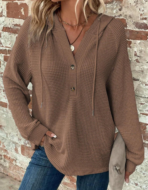 Load image into Gallery viewer, Waffle Knit Long Sleeve Drawstring Hooded Top

