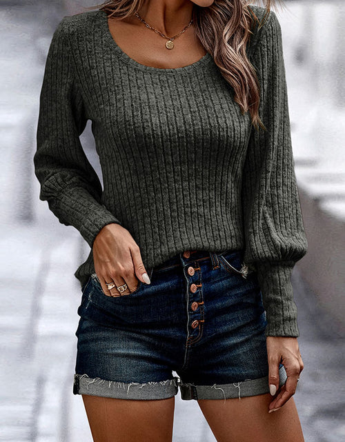 Load image into Gallery viewer, Shiny Ribbed Round Neck Long Sleeve Blouse
